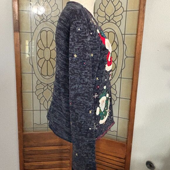 Designers Originals Joy Blue Button Cardigan Santa Embroidery Appliqué Size M - Picture 2 of 14